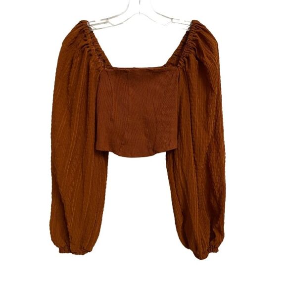 Urban Outfitters Claudia Cropped Top Blouse Size M Balloon Sleeves Rust Orange - Picture 3 of 15